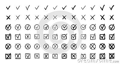Check marks hand drawn doodle set. tick, cross signs for checkbox, checklist, v and x in sketch set. Vector Illustration