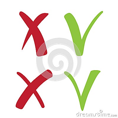 Check marks icons. Red cross and tick grunge set for web sites. Right and Wrong signs isolated on white background Vector Illustration