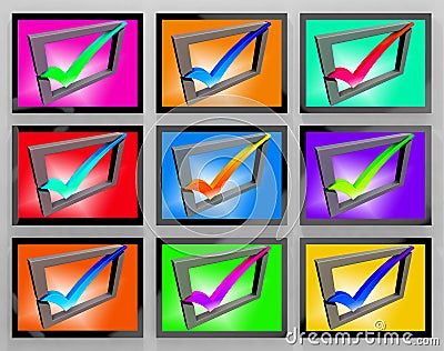 Check Marks On Monitors Showing Approved And Satisfied Stock Photo