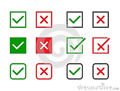 Check marks set. Green tick and red cross in different shapes. YES or NO accept and decline symbol. Vector icons for Vector Illustration