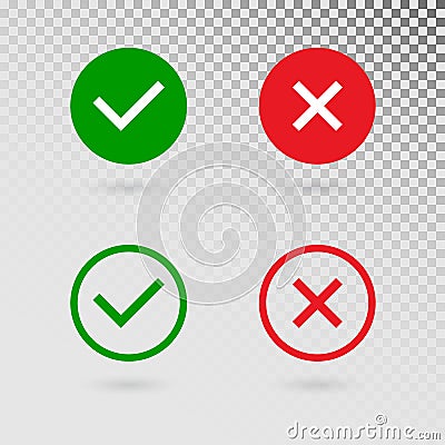Check marks set on transparent background. Green tick and red cross in circle shapes. YES or NO accept and decline Vector Illustration