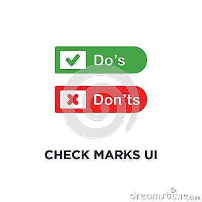 check marks ui button with dos and donts icon, symbol of poor or good test result or performance review concept simple style trend Vector Illustration