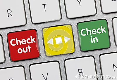 Check in & Check out - Inscription on Red-Yellow-Green Keyboard Key Stock Photo