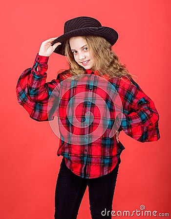 Check out my fashion style. Fashion trend. Feeling awesome in this hat. Girl cute kid wear fashionable hat. Small Stock Photo