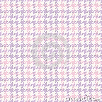 Check plaid pattern tweed in pastel lilac, pink, off white. Seamless pixel textured small light houndstooth tartan for dress. Vector Illustration