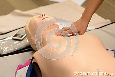 Check pulse - CPR First Aid Training with CPR dummy in the class Stock Photo