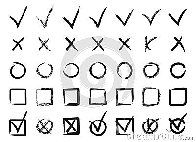 Check signs. Hand drawn checkmarks set, doodle V mark sign for list items. Chalk and brush check mark. Collection checkbox icons. Vector Illustration