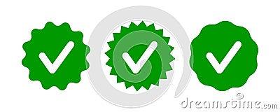 Check tick mark on wavy edge green circle sticker. Star burst shape tag with approved icon. Premium official account Vector Illustration