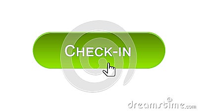 Check-in web interface button clicked with mouse cursor, green color, airport Stock Photo