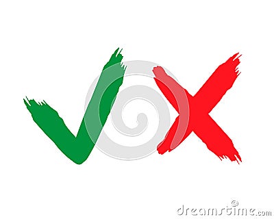Check and wrong icons set of check marks. Tick and cross brush signs. Green checkmark OK and red X icons, isolated on Vector Illustration