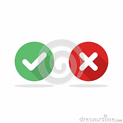 Check and wrong marks, Tick and cross marks, Accepted/Rejected, Approved/Disapproved, Yes/No, Right/Wrong, Green/Red, Correct/ Vector Illustration