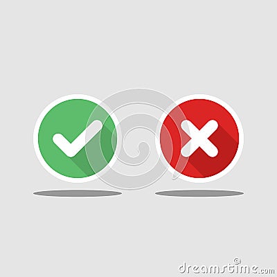 Check and wrong marks, Tick and cross marks, Accepted/Rejected, Approved/Disapproved, Yes/No, Right/Wrong, Green/Red, Correct/ Vector Illustration