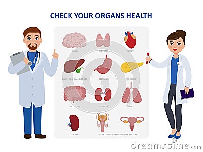 Check your internal organs health poster including two doctors cartoon characters and organs icon set. Vector Vector Illustration