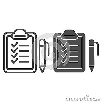 Checkboard and pen line and glyph icon. Checklist with pen vector illustration isolated on white. Note outline style Vector Illustration