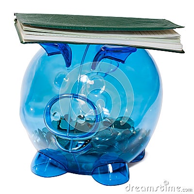 Checkbook balanced on a piggy bank Stock Photo