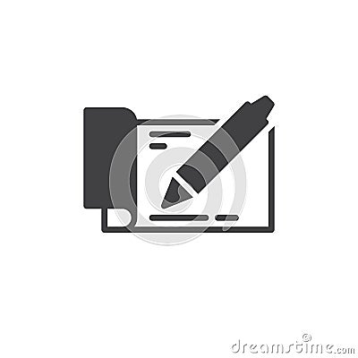 Checkbook with pen icon vector, filled flat sign, solid pictogram isolated on white. Symbol, logo illustration. Vector Illustration