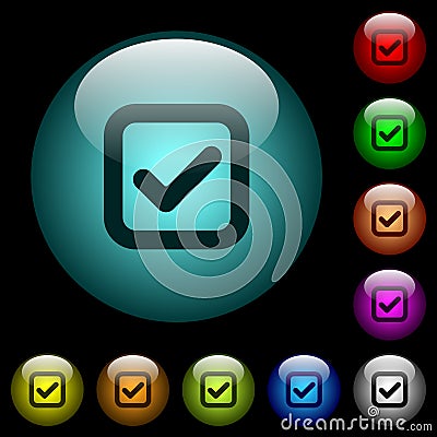 Checkbox icons in color illuminated glass buttons Stock Photo