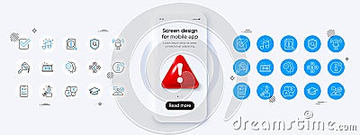 Checkbox, Music making and Inspect line icons. For web app, printing. Phone mockup with 3d danger icon. Vector Vector Illustration