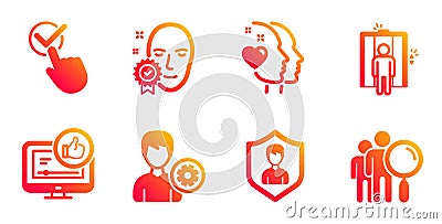 Checkbox, Support and Security agency icons set. Like video, Heart and Face verified signs. Vector Vector Illustration