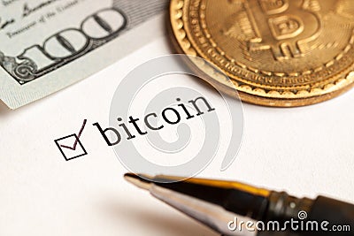 Checked checkbox with word bitcoin and dollars at background. questionnaire concept Stock Photo