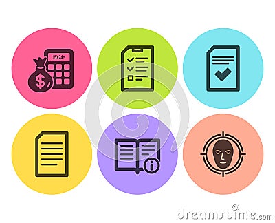 Checked file, Interview and Finance calculator icons set. Technical info, Document and Face detect signs. Vector Vector Illustration