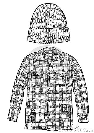 Checked shirt and hat hat illustration, drawing, engraving, ink, line art, vector Vector Illustration