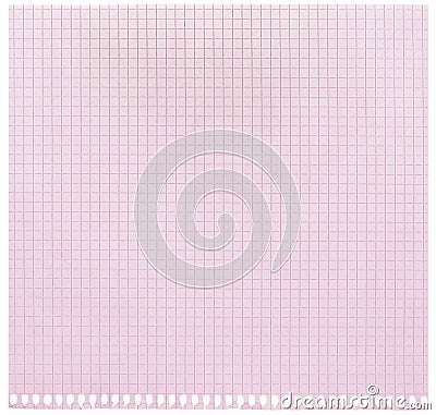 Checked spiral notebook page paper background, isolated pink chequered ring binder sheet flat lay copy space, horizontal squared Stock Photo
