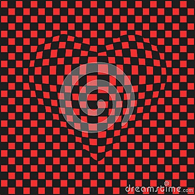Checkered background convex heart illusion, vector 3D convex heart on checkered surface Vector Illustration