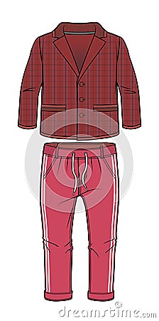 Checkered dark-red jacket and joggers with elasticized ribbing and drawstring at waist Vector Illustration