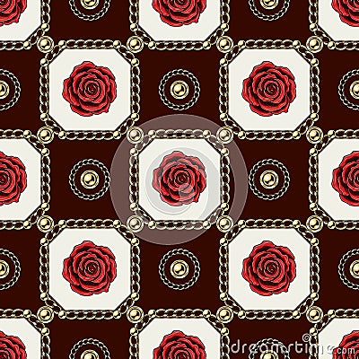 Checkered luxury pattern with golden chains roses Vector Illustration