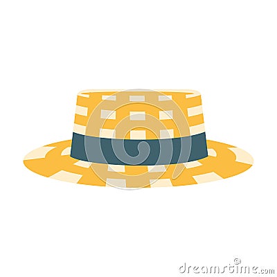 Checkered Male Straw Hat With Ribbon, Part Of Summer Beach Vacation Series Of Illustrations Vector Illustration