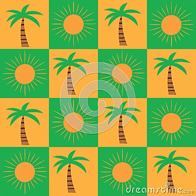 Checkered orange sun and green palm trees seamless pattern. Vector Illustration