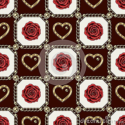 Checkered pattern with jewelry chains, red roses Vector Illustration
