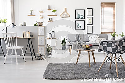 Checkered, stylish chair on a gray rug in a spacious, scandinavian living room interior with mock-up gallery above a sofa Stock Photo