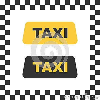Checkered taxi icon. Isolated cab vehicle symbol. Yellow taxi car service with black square as background. Vector EPS 10 Vector Illustration