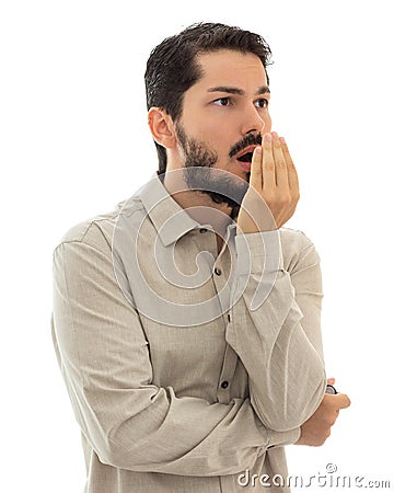 Checking bad breath. Halitosis concept. Stock Photo