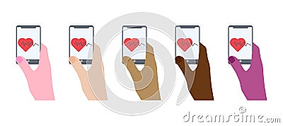 Checking pulse by smartwatch in hand on white background. Mobile Health Diagnostics. Digital Telehealth and healthcare Vector Illustration
