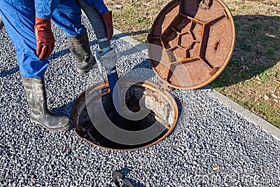 checking of sewage works Stock Photo