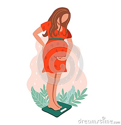 Checking weight young pregnant woman standing on the floral background. Weighed on the scales. Flat vector illustration on white Vector Illustration
