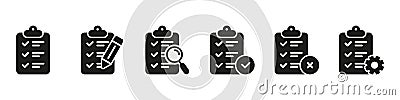 Checklist on Board with Pencil, Gear, Magnifier Silhouette Icons. Business Schedule, Check List on Clip Board. Set of Vector Illustration