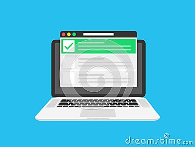 Checklist browser window. Check mark. White tick on laptop screen. Choice, survey concepts. Elements for web banners Vector Illustration