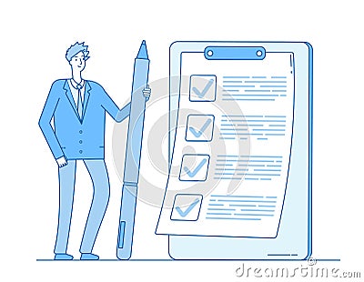 Checklist businessman. Person holding pencil at task list on clipboard. Complete questionnaire exam inspection vector Vector Illustration