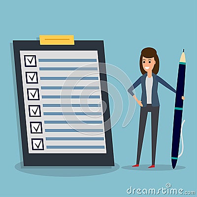 Checklist, businesswoman, pen Vector Illustration