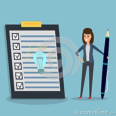 Checklist, businesswoman, pen, idea bulb Vector Illustration
