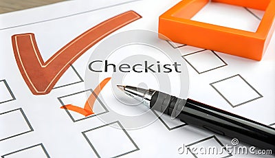 Checklist with check box, pen and orange checkbox. Checklist concept Stock Photo