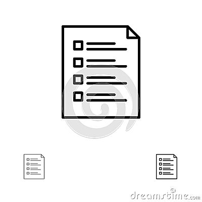 Checklist, Check, File, List, Page, Task, Testing Bold and thin black line icon set Vector Illustration