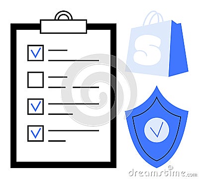 Checklist with Checkmarks Next to Shopping Bag and Shield Icon Indicating Security and Verification Vector Illustration
