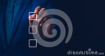 Checklist concept, business person checklist tick answer sign in checkbox, validation online questionnaire quality control Stock Photo