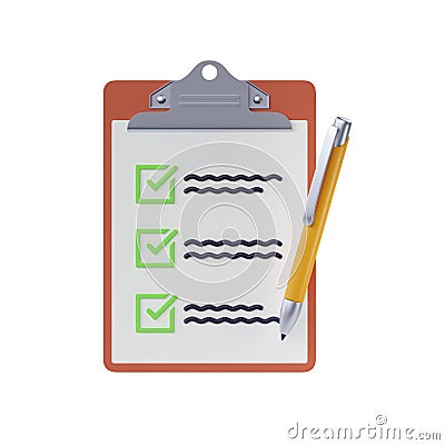 Checklist 3d render - business paper clipboard, task checkmark icon and office pencil. Survey form page Cartoon Illustration
