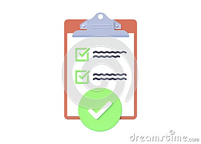 Checklist 3d render illustration - complete contract paper document with clipboard, update task. Success goal sign Cartoon Illustration